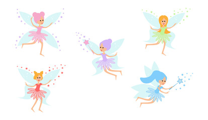 Set Of Flying Fairies Of Many Colors And Poses Vector Illustration Cartoon Character