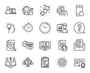 Fototapeta premium Vector set of Quick tips, Winner star and Timer line icons set. Outsource work, Question mark and Recovery phone icons. Chemical formula, Presentation and Analytics chart signs. Vector