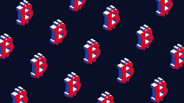 Animated isometric pattern with symbols of cryptocurrency Bitcoin. Simple seamless loop modern motion graphics background