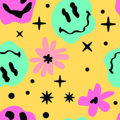 Psychedelic seamless pattern with flowers and melting cartoon faces. The 1970's like style.
