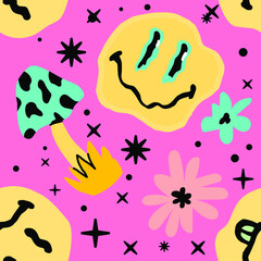 Psychedelic seamless pattern with flowers and melting cartoon faces. The 1970's like style.