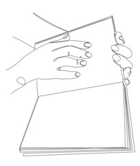 Naklejka premium Silhouette of a man's hands with a book in a modern one line style. Continuous line drawing, outline for home decor, posters, wall art, stickers, logo. Vector illustration.