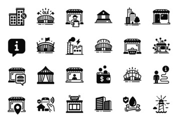 Vector Set of Buildings icons related to Shop, Court building and Arena stadium icons. Lighthouse, Buildings and Electricity factory signs. Skyscraper buildings, Online market and Arena. Vector