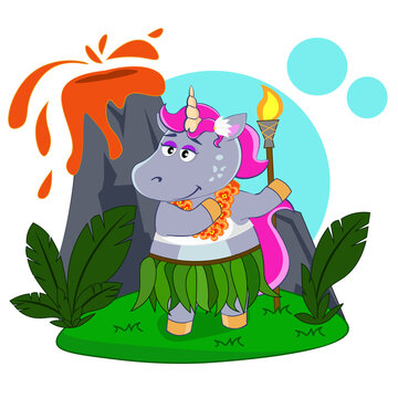 Cartoon unicorn dancing in Hawaii with a volcano background