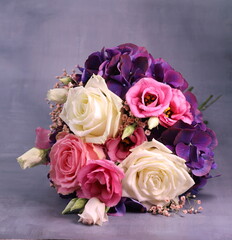 bouquet of pink  and white roses with hortensia