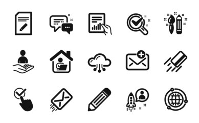 Vector set of Globe, Cloud computing and Creativity icons simple set. Work home, Chemistry lab and Checkbox icons. Edit document, Recruitment and Employees messenger signs. Vector