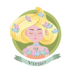 Virgo Zodiac sign as a beautiful girl with lush hair. Set of bright signs of the zodiac. Horoscope. Astronomy. Vector illustration isolated on white background.