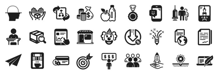 Fototapeta premium Set of Business icons, such as Copyright laptop, Crane claw machine, Internet report icons. Hold box, Payment method, Medal signs. Loan percent, Search package, Healthy food. Coffee maker. Vector