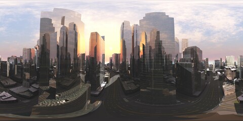 City in the morning in the fog, panorama of skyscrapers, high-rise buildings in the haze, 3D rendering