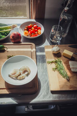 Mise en place for Caribbean seafood stew