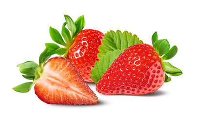 Fresh raw ripe strawberry with green leaves