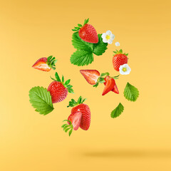 Fresh raw ripe strawberry with green leaves falling in the air, food levitation