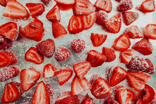 Frozen fresh picked strawberries and raspberries for cobbler filling