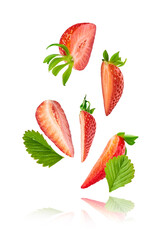 Fresh raw ripe strawberry with green leaves falling in the air, food levitation