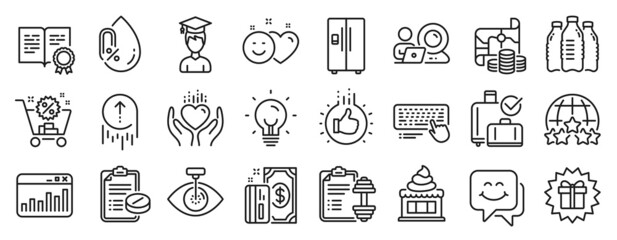 Set of Business icons, such as Computer keyboard, Treasure map, Energy icons. Dumbbell, No alcohol, Student signs. Payment, Swipe up, Rating stars. Eye laser, Hold heart, Ice cream. Smile. Vector