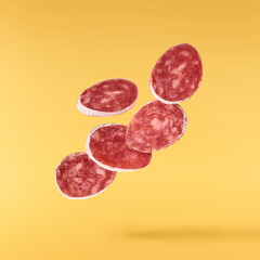 Fresh sausage falling in the air