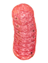 Smoked Spanish sausage, Salchichon, isolated on white background. High resolution image.