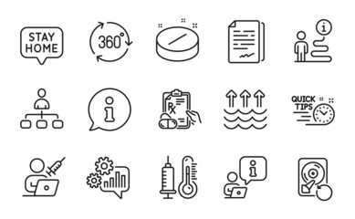 Science icons set. Included icon as Medical tablet, Vaccination appointment, Management signs. Document signature, Stay home, Evaporation symbols. Recovery hdd, Quick tips, Thermometer. Vector