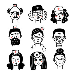 Doctor and nurse faces doodle icons set. Medical staff black linear avatars on white background. Vector hand drawn illustration