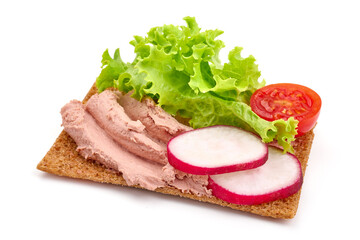 Liver pate sandwich, isolated on white background.