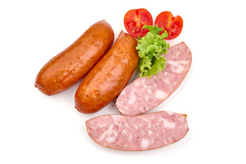 Traditional smoked sausages, isolated on white background.