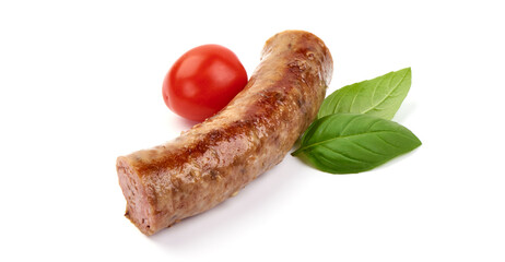 Grilled Bratwurst Sausage, close-up, isolated on white background.