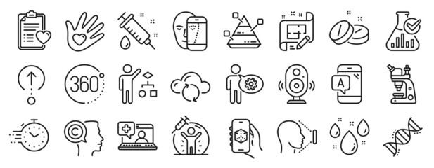 Set of Science icons, such as Rainy weather, Social responsibility, Chemistry lab icons. Medical help, Algorithm, Microscope signs. Cloud sync, Medical tablet, Architect plan. Writer. Vector