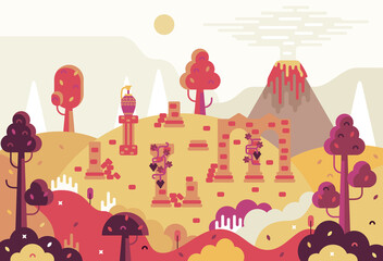 Ruins of an ancient city, destruction after a volcanic eruption. Vector illustration