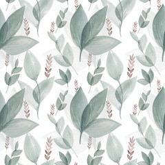 green watercolor leaves seamless pattern, colorful hand drawn background