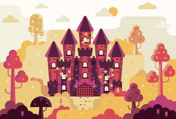 Obraz na płótnie Canvas Fairytale castle with 5 towers entwined with grapes. Vector illustration in flat game design stile