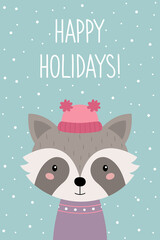Happy holidays. A Christmas card. Cute cartoon raccoon in a hat. Vector illustration