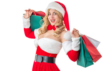 Mrs. Santa Claus smiling happily. Pretty woman in red dress, white fur. Cheerful girl in Santa’s hat.