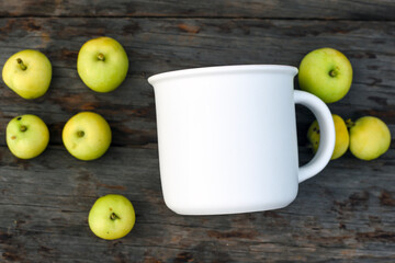 Mug mockup flat lay. White coffee cup mock up. Blank mug printing design template. Farmhouse rustic style.