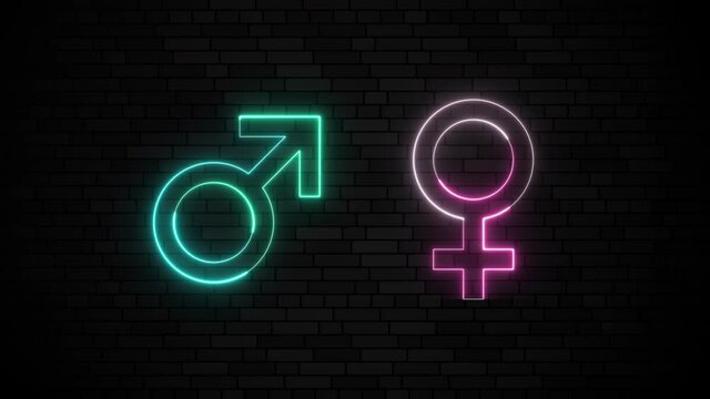 A blue neon male symbol and pink neon female symbol on a dark brick wall background. A simple shining motion graphic element