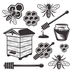 Beekeeping and honey set of black objects and elements on white background Premium Vector 