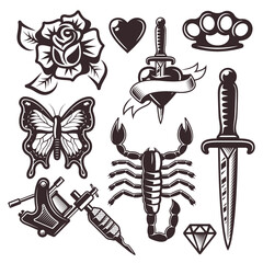 Tattoo set of objects and design elements in monochrome style Premium Vector 
