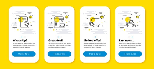 Vector set of Coffee machine, Megaphone and Technical documentation line icons set. UI phone app screens with line icons. Teamwork icon. Cappuccino machine, Brand message, Manual. Remote work. Vector