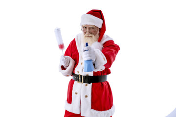 Santa Claus playing guitar and singing on white background isolated