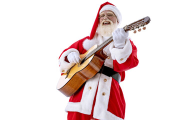 Santa Claus playing guitar and singing on white background isolated