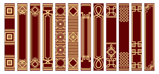 Set of spine cover design template. Old vertical frames. Art Deco design. Geometric pattern. Gold ornament on a red background. - obrazy, fototapety, plakaty
