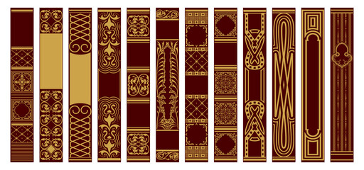 Set of Spines Books. Samples for design templates. Retro vertical frames. Vintage ornament. Golden ornament on a red background.