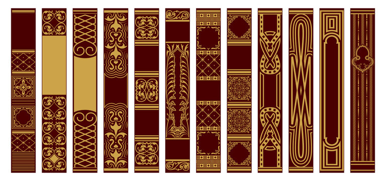 Set of Spines Books. Samples for design templates. Retro vertical frames. Vintage ornament. Golden ornament on a red background.