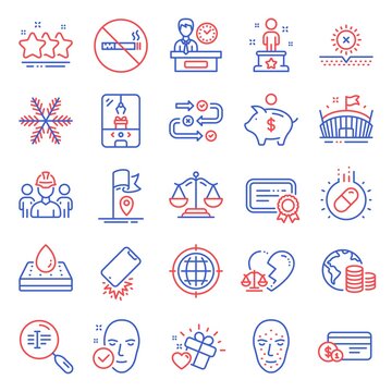 Business icons set. Included icon as Snowflake, Stars, Face biometrics signs. Budget, Seo internet, No smoking symbols. Payment method, Arena, Engineering team. Survey progress, Flag. Vector