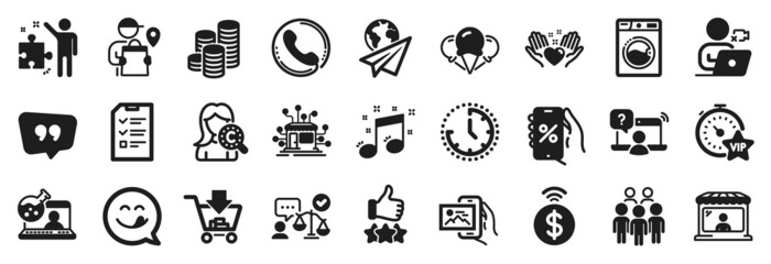 Set of Business icons, such as Discounts app, Shopping, Ice creams icons. Interview, Market seller, Washing machine signs. Group people, Call center, Hold heart. Online chemistry, Coins. Vector
