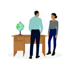 Male character and female character are standing near a desk with a globe on a white background