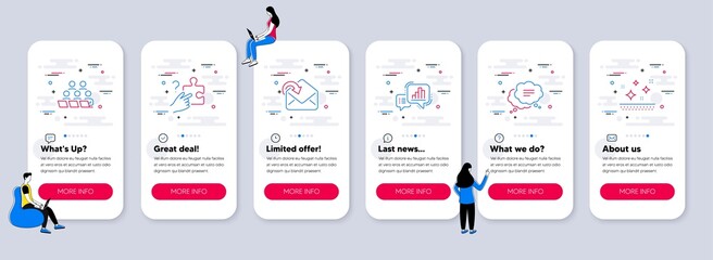 Set of Business icons, such as Teamwork, Graph chart, Text message icons. UI phone app screens with teamwork. Search puzzle, Receive mail, Clean skin line symbols. Vector