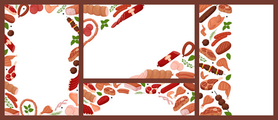 A set of frames with meat products. Raw, grilled meat, chicken, sausages. Horizontal, vertical and banner template for flyers and leaflets. Flat vector illustration. Isolated on a white background