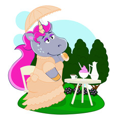 Cartoon unicorn in historical dress drinking coffee in the garden