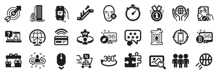 Set of Business icons, such as Approved, Prescription drugs, Organic tested icons. Full rotation, Scroll down, Puzzle signs. Bitcoin system, Problem skin, Search photo. Escalator, Target. Vector