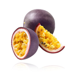 Fresh ripe passion fruit falling in the air